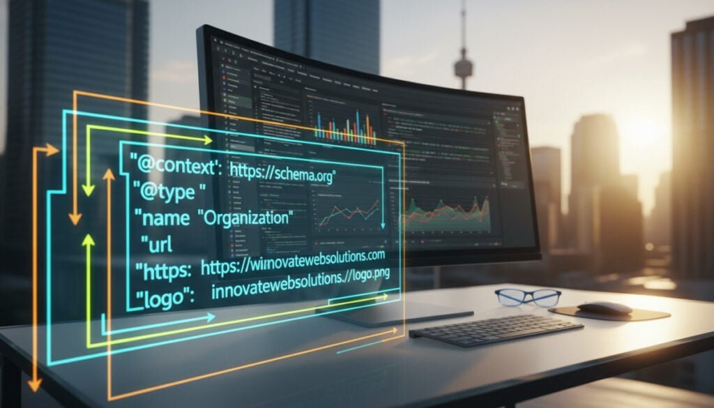 A visually engaging representation of schema markup in a structured data format, prominently displayed in the foreground with vibrant colors and clear lines. In the middle ground, an abstract digital workspace setting with a computer screen showing code snippets and graphs related to website performance. The background features a soft-focus city skyline symbolizing a tech-savvy environment. Warm, natural lighting enhances the atmosphere, giving it a professional yet approachable feel. Use a slightly elevated angle to capture the scene in a dynamic perspective, emphasizing the importance of implementing and validating structured data. The overall mood should be innovative and forward-thinking, suggesting efficiency and modernity in web development. A visually engaging representation of schema markup in a structured data format, prominently displayed in the foreground with vibrant colors and clear lines. In the middle ground, an abstract digital workspace setting with a computer screen showing code snippets and graphs related to website performance. The background features a soft-focus city skyline symbolizing a tech-savvy environment. Warm, natural lighting enhances the atmosphere, giving it a professional yet approachable feel. Use a slightly elevated angle to capture the scene in a dynamic perspective, emphasizing the importance of implementing and validating structured data. The overall mood should be innovative and forward-thinking, suggesting efficiency and modernity in web development.