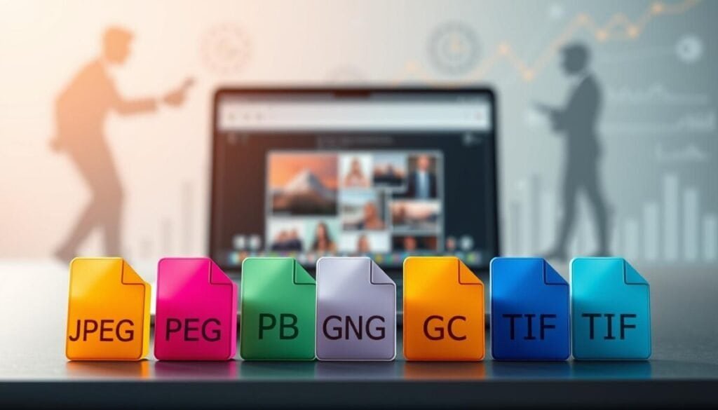 A visually engaging representation of various file formats used for image uploads, displayed artistically on a sleek digital workspace. In the foreground, several distinct file icons like JPEG, PNG, GIF, and TIFF are arranged neatly, each icon rendered in a glossy, modern style with vibrant colors against a subtle gradient background. The middle layer features a secondary theme, such as a blurred laptop screen showcasing a user interface for uploading images, softly illuminated by warm, diffused lighting. In the background, softly blurred silhouettes of data processing and analysis graphics suggest a tech-savvy atmosphere. The overall mood is professional and informative, with a clean, contemporary aesthetic emphasizing clarity and organization, ideal for a tech-focused article.