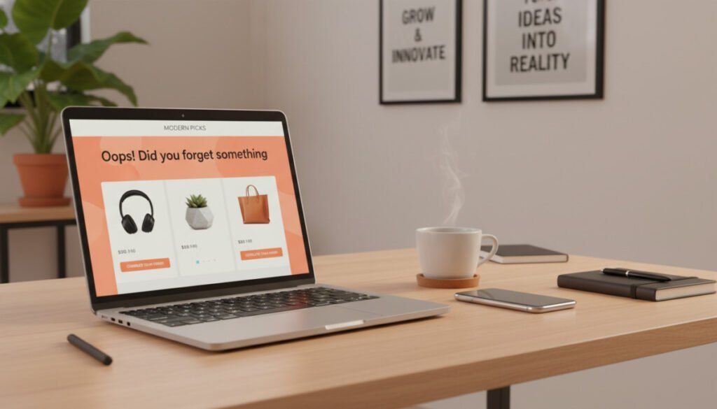 A visually engaging scene illustrating an "abandoned cart email" concept in an ecommerce context. Foreground: an open laptop displaying a vibrant, well-designed email template showcasing a cart abandonment reminder, with eye-catching visuals of products. Middle ground: a modern, stylish desk with a smartphone and a steaming coffee cup, suggesting an active work environment. Background: a softly lit office space with a plant and motivational posters on the walls, conveying a sense of productivity. The lighting is warm, creating a welcoming and focused atmosphere. The lens is slightly angled to give depth, emphasizing the tech-savvy nature of ecommerce tools. No human figures are present, ensuring the scene remains professional and relevant to the topic. A visually engaging scene illustrating an "abandoned cart email" concept in an ecommerce context. Foreground: an open laptop displaying a vibrant, well-designed email template showcasing a cart abandonment reminder, with eye-catching visuals of products. Middle ground: a modern, stylish desk with a smartphone and a steaming coffee cup, suggesting an active work environment. Background: a softly lit office space with a plant and motivational posters on the walls, conveying a sense of productivity. The lighting is warm, creating a welcoming and focused atmosphere. The lens is slightly angled to give depth, emphasizing the tech-savvy nature of ecommerce tools. No human figures are present, ensuring the scene remains professional and relevant to the topic.