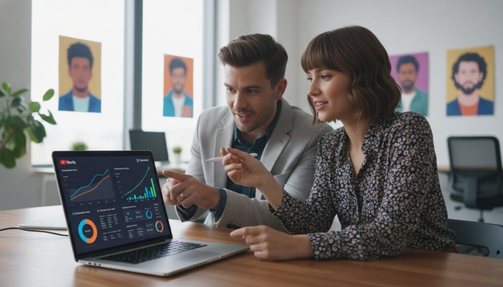 A visually engaging scene showcasing "YouTube Shorts analytics tools." In the foreground, a sleek laptop displaying colorful graphs and analytics dashboards related to YouTube Shorts performance, including metrics like view counts, engagement rates, and audience demographics. In the middle, a pair of enthusiastic creators, a man and a woman, are examining the data intently, dressed in smart casual attire, embodying a professional and creative atmosphere. The background features a modern office environment, with bright lighting illuminating the space, and soft-focus posters of popular YouTube Shorts creators. The overall mood is focused and inspiring, emphasizing creativity and analytical thinking in the realm of digital content creation. A visually engaging scene showcasing "YouTube Shorts analytics tools." In the foreground, a sleek laptop displaying colorful graphs and analytics dashboards related to YouTube Shorts performance, including metrics like view counts, engagement rates, and audience demographics. In the middle, a pair of enthusiastic creators, a man and a woman, are examining the data intently, dressed in smart casual attire, embodying a professional and creative atmosphere. The background features a modern office environment, with bright lighting illuminating the space, and soft-focus posters of popular YouTube Shorts creators. The overall mood is focused and inspiring, emphasizing creativity and analytical thinking in the realm of digital content creation.
