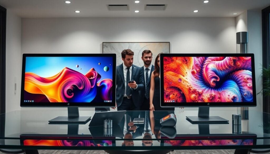 A visually striking comparison image of two AI models side by side. In the foreground, display two elegant, modern desktop computer screens, each showcasing a vibrant, dynamic visual representation of distinct AI-generated content. One screen displays a high-resolution image created by Claude, and the other presents an alternative model’s output, each rich with detail. In the middle ground, include a sleek, glass conference table with stylish professional business attire worn by a diverse group of four professionals analyzing the screens, with expressions of intrigue and discussion. In the background, feature a contemporary office environment with soft, diffused lighting and abstract art on the walls, conveying a mood of innovation and collaboration. Use a wide-angle perspective to capture the collaborative atmosphere.