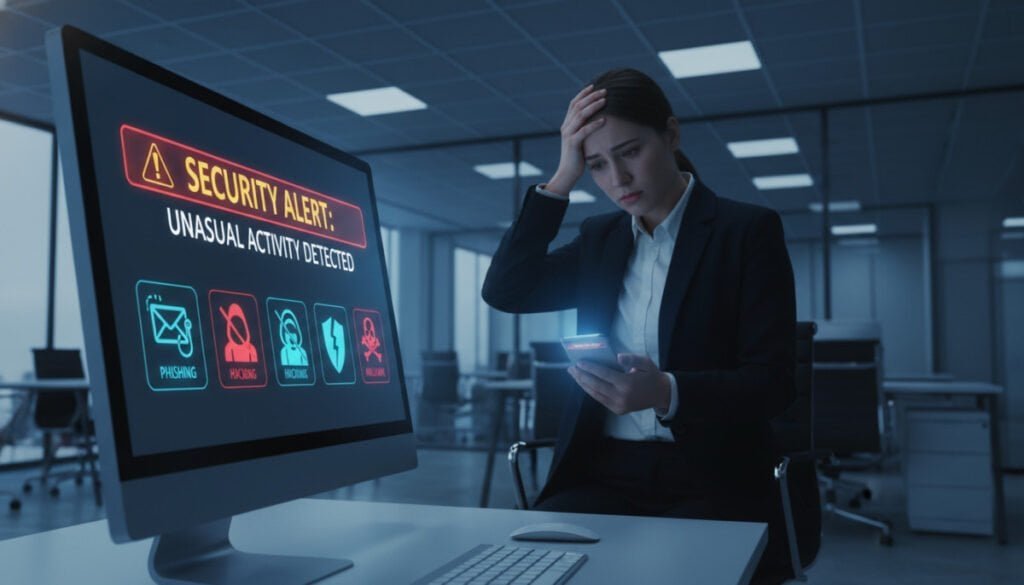 A visually striking depiction of "security triggers" in a digital context. In the foreground, a computer screen displaying a warning message about account security, surrounded by basic icons representing various security threats like phishing and hacking attempts. In the middle ground, a person in professional attire, with a concerned expression, looking at the screen while holding a smartphone, emphasizing the urgency of the situation. The background features a blurred modern office environment with dim, ambient lighting, creating an atmosphere of tension and alertness. The image should convey a sense of security concerns and vigilance, captured from a slightly lower angle to enhance the dramatic effect. The overall color palette consists of cool blues and grays, evoking a sense of seriousness and technology.
