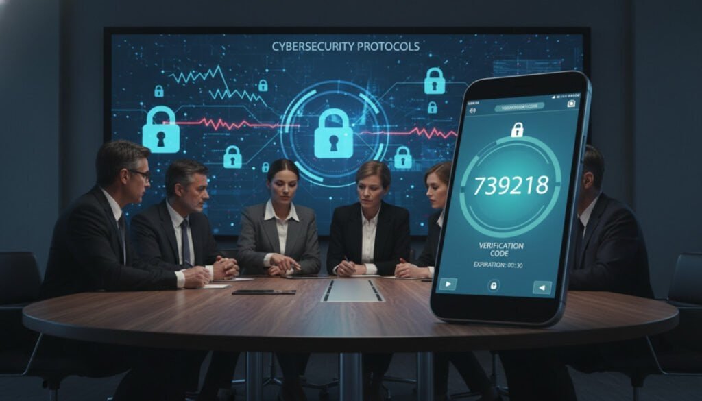A visually striking image depicting the concept of two-factor authentication. In the foreground, a modern smartphone displaying a security app with a verification code, glowing softly to emphasize its importance. The middle layer features a diverse group of professionals in business attire gathered around a sleek table, engaged in a discussion about cybersecurity, their expressions serious and focused. In the background, a large digital screen shows abstract representations of cyber threats and locks, adding depth and context. Bright, focused lighting highlights the smartphone and the faces of the individuals, conveying a sense of urgency and importance. The overall atmosphere is one of professionalism and vigilance, underscoring the critical aspect of protecting online accounts.