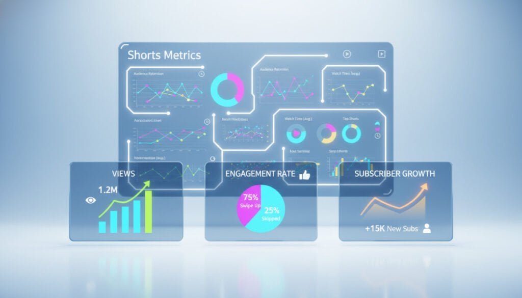 A visually striking infographic focused on "Shorts Metrics" for YouTube creators. In the foreground, depict three distinct sections illustrating key metrics: views, engagement rate, and subscriber growth, each represented by vibrant bar graphs and pie charts. The middle layer should feature a professional-looking analytics dashboard with dynamic visuals and colorful data representations. In the background, incorporate a subtle gradient of blue and white, suggesting an airy, tech-savvy atmosphere. Use soft, diffused lighting to give the scene a modern, clean look. Capture the image from a slightly elevated angle, enhancing the professionalism and readability of the data displayed. Ensure the overall mood is informative and inspiring, perfect for creators mastering their analytics. A visually striking infographic focused on "Shorts Metrics" for YouTube creators. In the foreground, depict three distinct sections illustrating key metrics: views, engagement rate, and subscriber growth, each represented by vibrant bar graphs and pie charts. The middle layer should feature a professional-looking analytics dashboard with dynamic visuals and colorful data representations. In the background, incorporate a subtle gradient of blue and white, suggesting an airy, tech-savvy atmosphere. Use soft, diffused lighting to give the scene a modern, clean look. Capture the image from a slightly elevated angle, enhancing the professionalism and readability of the data displayed. Ensure the overall mood is informative and inspiring, perfect for creators mastering their analytics.