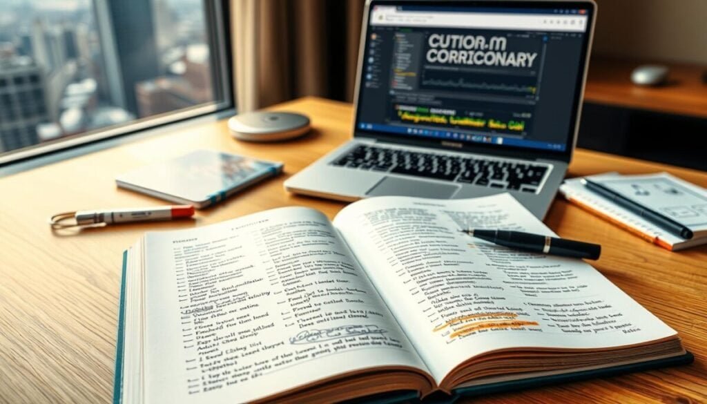 A visually striking scene of a custom correction dictionary laid open on a modern wooden desk, with a laptop displaying audio transcription software in the background. The foreground features glossy pages filled with beautifully handwritten entries and annotations in various colors, highlighted with markers. Surrounding the dictionary are stylish office supplies like a sleek pen and a notepad with sketches of speech patterns. The lighting is warm and inviting, coming from a nearby window, creating a serene atmosphere of productivity. In the background, a blurred view of a bustling city skyline can be seen, hinting at an urban workspace. The overall mood conveys professionalism and creativity, emphasizing the importance of customization in improving transcription accuracy.