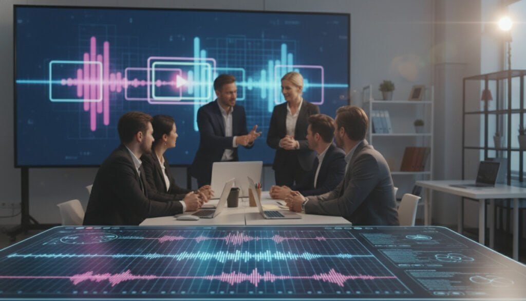 A visually striking scene representing "video and audio transformation." In the foreground, a sleek digital interface displays vibrant waveforms and dynamic video clips, showcasing an array of audiovisual elements. In the middle ground, a diverse group of marketing professionals in smart business attire, engaged in animated discussion, work collaboratively around a modern workstation filled with high-tech gadgets. The background features a large screen projecting colorful graphics of sound waves morphing into video frames, symbolizing transformation. Soft, ambient lighting enhances an innovative atmosphere, while a slight lens flare adds depth, inviting the viewer into the world of content repurposing. The overall mood is inspiring and futuristic, embodying teamwork and creativity in a digital landscape.