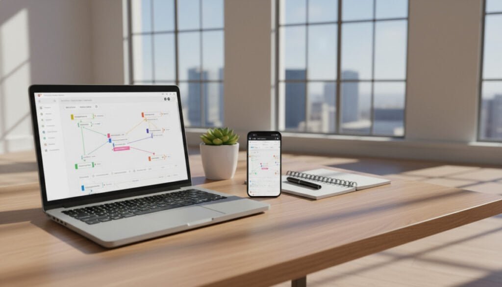 A visually striking workspace featuring an array of schema markup tools displayed on a sleek wooden desk. In the foreground, a modern laptop is open to a vibrant dashboard displaying organized schema data. Beside it, a stylish smartphone showcases a mobile-friendly version of the same data. In the middle ground, a potted plant adds a touch of greenery, while a notebook and pen hint at productivity. The background reveals a softly lit office environment with large windows, letting natural sunlight stream in, casting gentle shadows. The atmosphere feels professional yet approachable, emphasizing efficiency and clarity in digital organization. Use a wide-angle lens perspective to capture the depth of the workspace while maintaining focus on the tools, creating a balanced composition. A visually striking workspace featuring an array of schema markup tools displayed on a sleek wooden desk. In the foreground, a modern laptop is open to a vibrant dashboard displaying organized schema data. Beside it, a stylish smartphone showcases a mobile-friendly version of the same data. In the middle ground, a potted plant adds a touch of greenery, while a notebook and pen hint at productivity. The background reveals a softly lit office environment with large windows, letting natural sunlight stream in, casting gentle shadows. The atmosphere feels professional yet approachable, emphasizing efficiency and clarity in digital organization. Use a wide-angle lens perspective to capture the depth of the workspace while maintaining focus on the tools, creating a balanced composition.