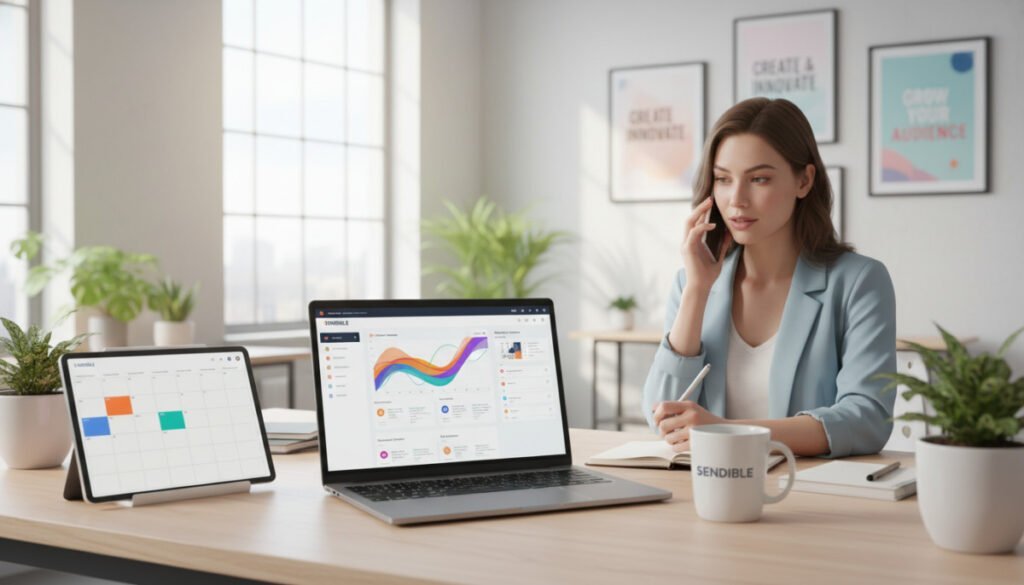 A visually striking workspace setting that embodies digital marketing and social media management, focusing on Sendible. In the foreground, a modern desk with a laptop open to the Sendible dashboard, vibrant analytics graphs, and scheduling interfaces displayed. To the side, a tablet showing a well-organized content calendar. In the middle ground, a professional in smart casual attire, absorbed in multitasking, speaking on the phone, while writing notes. The background features soft-focus elements of a bright, contemporary office, with motivational posters and indoor plants enhancing the atmosphere. The lighting is bright, natural daylight streaming in through a large window, conveying a productive and focused mood. The image should be polished and inviting, capturing the essence of efficiency in agency workflows and content repurposing. A visually striking workspace setting that embodies digital marketing and social media management, focusing on Sendible. In the foreground, a modern desk with a laptop open to the Sendible dashboard, vibrant analytics graphs, and scheduling interfaces displayed. To the side, a tablet showing a well-organized content calendar. In the middle ground, a professional in smart casual attire, absorbed in multitasking, speaking on the phone, while writing notes. The background features soft-focus elements of a bright, contemporary office, with motivational posters and indoor plants enhancing the atmosphere. The lighting is bright, natural daylight streaming in through a large window, conveying a productive and focused mood. The image should be polished and inviting, capturing the essence of efficiency in agency workflows and content repurposing.