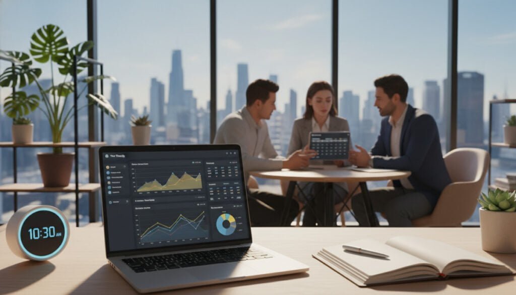 A well-lit modern office space showcasing a digital time tracking system. In the foreground, a sleek laptop displays a colorful time tracking dashboard with graphs and charts, surrounded by a stylish clock and a notepad with a pen. In the middle, a diverse group of professional individuals in business attire engage in a discussion, examining schedules and performance metrics on a tablet. The background features a large window with natural light streaming in, revealing a city skyline, while potted plants enhance the vibrant atmosphere. The mood is collaborative and focused, reflecting productivity and efficiency, with a shallow depth of field emphasizing the laptop and the discussion, creating a sense of connection between scheduling and HR systems. A well-lit modern office space showcasing a digital time tracking system. In the foreground, a sleek laptop displays a colorful time tracking dashboard with graphs and charts, surrounded by a stylish clock and a notepad with a pen. In the middle, a diverse group of professional individuals in business attire engage in a discussion, examining schedules and performance metrics on a tablet. The background features a large window with natural light streaming in, revealing a city skyline, while potted plants enhance the vibrant atmosphere. The mood is collaborative and focused, reflecting productivity and efficiency, with a shallow depth of field emphasizing the laptop and the discussion, creating a sense of connection between scheduling and HR systems.
