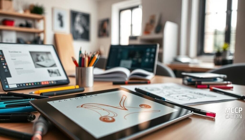 A well-lit workspace showcasing an array of MCP canvas tools. In the foreground, a sleek digital tablet displaying an Excalidraw interface, surrounded by stylus pens and colorful markers. The middle layer features a modern desk with a laptop open to a design application, alongside reference materials and a notepad filled with sketches. In the background, a blurred window reveals a bright, sunny day outside, creating an inviting atmosphere. The overall mood is one of creativity and productivity, emphasizing collaboration and innovation in design. Soft natural lighting enhances the vibrant colors of the tools. The image is captured from a slightly elevated angle, focusing on the workspace’s dynamic layout.