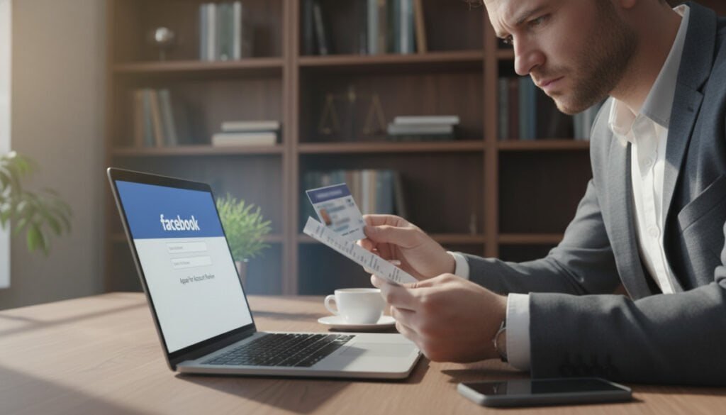 A well-organized office desk scene depicting the process of identity verification for a Facebook account. In the foreground, a professional-looking individual in business attire is intently reviewing documents, including a national ID card and a utility bill, which are clearly visible yet blurred for privacy. In the middle, an open laptop displays the Facebook login page, slightly angled for an inviting view, with a soft glow emanating from the screen, suggesting an active appeal process. The background features bookshelves filled with legal and business books, enhancing the theme of professionalism. The lighting is warm and natural, casting gentle shadows, creating a focused yet calm atmosphere. The overall mood suggests diligence and determination, ideal for a successful appeal. A well-organized office desk scene depicting the process of identity verification for a Facebook account. In the foreground, a professional-looking individual in business attire is intently reviewing documents, including a national ID card and a utility bill, which are clearly visible yet blurred for privacy. In the middle, an open laptop displays the Facebook login page, slightly angled for an inviting view, with a soft glow emanating from the screen, suggesting an active appeal process. The background features bookshelves filled with legal and business books, enhancing the theme of professionalism. The lighting is warm and natural, casting gentle shadows, creating a focused yet calm atmosphere. The overall mood suggests diligence and determination, ideal for a successful appeal.
