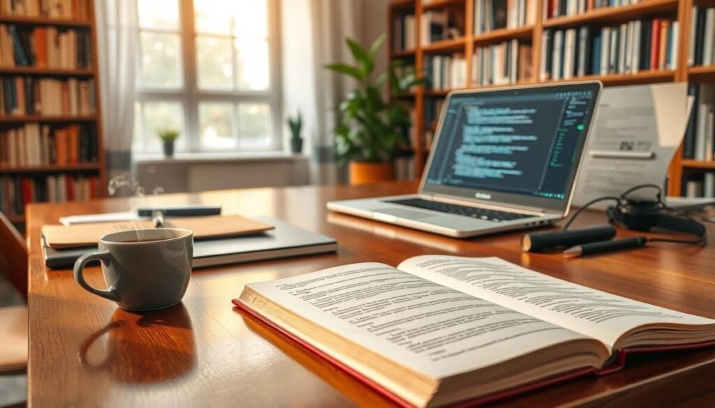 A well-organized workspace featuring a final synthesis pass book prominently placed on a polished wooden desk. In the foreground, the book is opened, pages filled with neatly typed text and artistic annotations in the margins. In the middle ground, a cup of steaming coffee and a sleek laptop with coding scripts visible on the screen sit beside the book, evoking a sense of productivity. The background reveals a large window with soft, natural light streaming in, illuminating the scene and creating a warm, inviting atmosphere. A potted plant adds a touch of greenery, while bookshelves filled with reference materials line the walls, emphasizing a scholarly environment. The overall mood is one of focus and accomplishment, ideal for the final stages of creative writing.