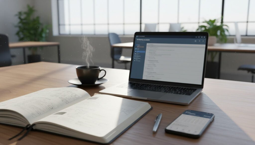 A well-organized workspace featuring a notebook filled with detailed meeting notes, neatly written bullet points, and diagrams. In the foreground, a polished wooden desk with the notebook open to a page discussing AI integration in sales workflows. A sleek laptop is nearby, displaying a muted interface of an AI meeting assistant tool. The middle ground includes a cup of coffee, a pen, and a smartphone with a calendar app visible. The background shows a modern office environment with large windows allowing natural light to flood in, creating a bright and productive atmosphere. The scene exudes focus and clarity, perfect for illustrating a professional setting where technology meets collaboration.
