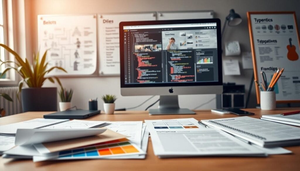 A well-organized workspace featuring various web development components, emphasizing systematic consistency in design. In the foreground, there are neatly arranged design wireframes, color palettes, and typography samples on a modern desk. The middle ground displays a sleek computer monitor with code snippets and a web app interface, showcasing an intuitive user experience. In the background, a large whiteboard filled with UX flowcharts and design principles can be seen, softly illuminated by natural light from a nearby window. The overall atmosphere is professional and focused, with a warm and inviting mood, suggesting collaboration and creativity. A shallow depth of field highlights the details of the components, while maintaining a clean and minimalistic aesthetic.