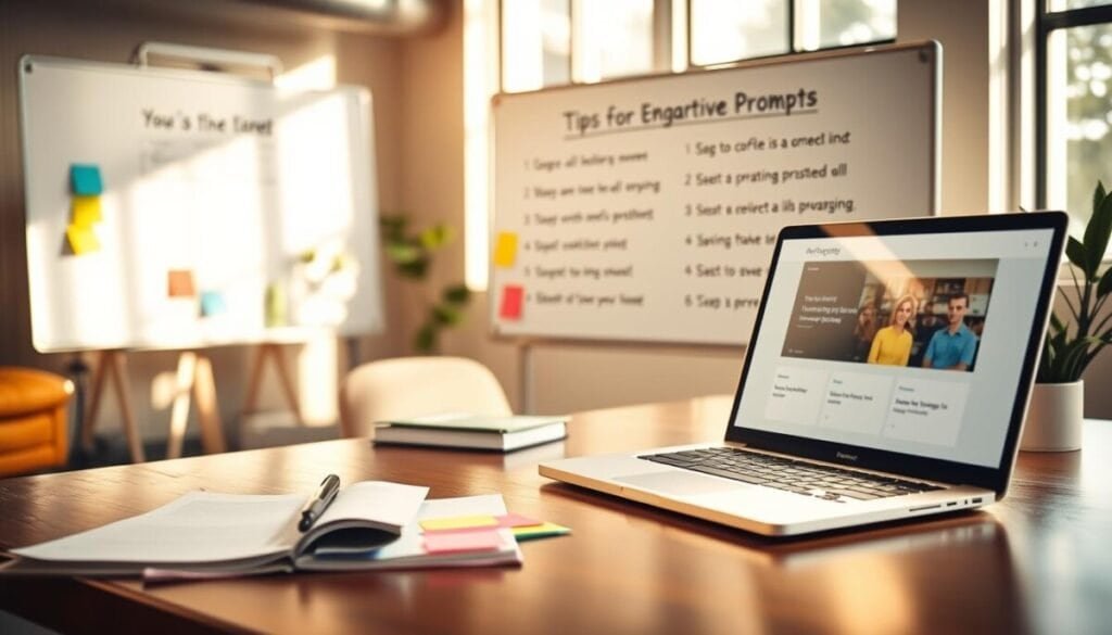 A well-organized workspace highlighting "Tips for Crafting Effective Prompts." In the foreground, a polished wooden desk with a notepad, colorful sticky notes, and a laptop screen displaying a brainstorming session. The middle ground features a whiteboard filled with bullet points outlining key strategies in an engaging manner. In the background, a serene office setting with soft natural light filtering through large windows, casting gentle shadows. The mood is inspiring and professional, with a warm color palette that evokes creativity. Soft-focus elements add depth, while a slight angle captures the workspace dynamically. No people or text are present, ensuring clarity and focus on the tips.