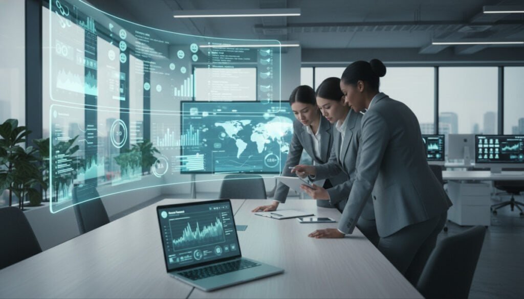 An advanced workspace showcasing AI-driven brand monitoring tools. In the foreground, a sleek laptop displaying dynamic graphs and analytics are illuminated by a soft, bright light. A professional, focused marketing team, dressed in business attire, collaborates around a modern conference table, analyzing data on a digital tablet and discussing insights. In the middle, vibrant screens present social media metrics and brand sentiment analysis in real time. The background features a contemporary office space with large windows allowing natural light to stream in, creating an open and innovative atmosphere. The overall mood conveys urgency and excitement about the potential of leveraging AI in brand monitoring, emphasizing collaboration and technology in a high-tech environment, shot from a slightly elevated angle to capture the teamwork and technology effectively.
