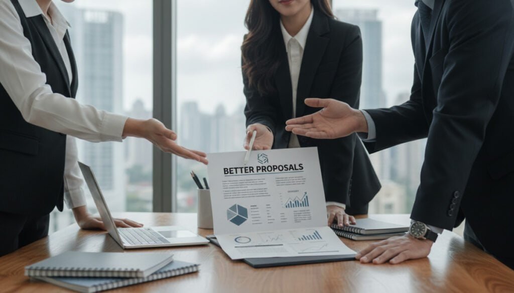 An elegantly designed proposal document titled "Better Proposals" rests prominently on a polished wooden desk, surrounded by modern office accessories such as a sleek laptop and a few neatly stacked notebooks. In the foreground, a focused sales team of three professionals, dressed in smart business attire, engages in an animated discussion over the proposal. The middle scene captures the proposal's clean layout, featuring attractive graphics and concise text. Soft, natural lighting filters through large windows in the background, enhancing the bright and open atmosphere of the contemporary office space. A blurred skyline can be seen outside, symbolizing connectivity and growth in business. The overall mood is one of teamwork, innovation, and productivity.