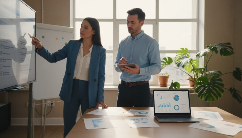 An office setting showcasing a diverse group of three professionals engaged in a collaborative discussion about software selections on a large whiteboard. In the foreground, a woman in a smart blazer points at a checklist of software features, while a man in a button-up shirt makes notes on a tablet. In the middle, a modern desk with laptops and charts displaying usability metrics is prominently featured. In the background, a large window allows soft natural light to enter, illuminating the space, with decorative plants adding greenery. The atmosphere is focused and energetic, conveying teamwork and decision-making in a professional environment, with warm tones and a clear depth of field.