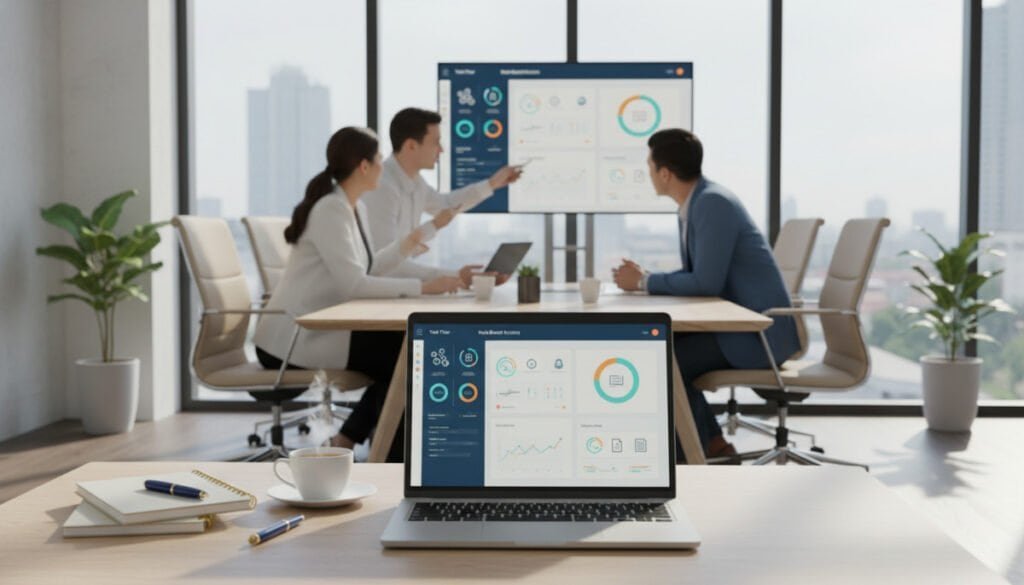 An organized workspace showcasing an enhanced digital interface for SOP software. In the foreground, a sleek laptop displays a colorful dashboard filled with charts and icons representing key features like task management, user permissions, and document templates. Beside the laptop, there are stylish notebooks and a coffee cup, hinting at a productive atmosphere. The middle ground features a bright office environment with professionals in business attire collaborating, discussing, and pointing at the screen. In the background, large windows let in natural light illuminating the room. The overall mood is energetic and focused, with a modern aesthetic that reflects efficiency and teamwork, captured from a slightly elevated angle to emphasize the workspace's dynamism. An organized workspace showcasing an enhanced digital interface for SOP software. In the foreground, a sleek laptop displays a colorful dashboard filled with charts and icons representing key features like task management, user permissions, and document templates. Beside the laptop, there are stylish notebooks and a coffee cup, hinting at a productive atmosphere. The middle ground features a bright office environment with professionals in business attire collaborating, discussing, and pointing at the screen. In the background, large windows let in natural light illuminating the room. The overall mood is energetic and focused, with a modern aesthetic that reflects efficiency and teamwork, captured from a slightly elevated angle to emphasize the workspace's dynamism.