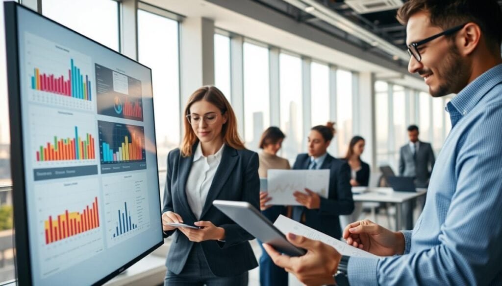 In a modern, bright office setting, a diverse group of professionals is engaged in collaborative data analysis and sales performance discussions. Foreground: a sleek digital screen displays colorful graphs and charts, vividly illustrating sales trends and data insights. Middle ground: two business professionals, one woman in a tailored blazer and one man in smart casual attire, are analyzing data on laptops, their expressions focused and engaged, with notepads filled with graphs and notes beside them. Background: large windows let in natural light, showcasing a city skyline. The atmosphere is dynamic and motivational, emphasizing teamwork and productivity, with soft, ambient lighting enhancing the professional feel of the environment. No text or logos are present.