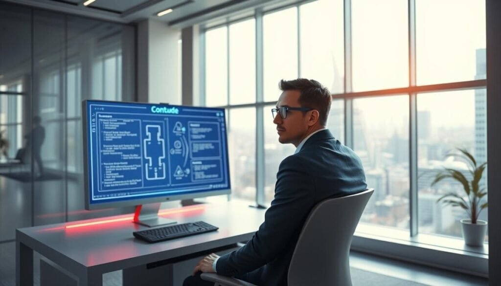 In a modern, sleek office environment, a focused business professional sits at a futuristic workstation, engaging with the "Claude" AI interface on a large, vibrant screen. The foreground features the individual, dressed in professional business attire, with an expression of concentration. In the middle ground, the glowing interface displays diagrams and code snippets, illustrating the concept of context management in AI workflows. In the background, floor-to-ceiling windows reveal a bustling cityscape under bright natural lighting. Soft ambient light fills the room, creating a productive atmosphere. The overall mood is one of innovation and efficiency, capturing the essence of peak agent performance in a high-tech setting.