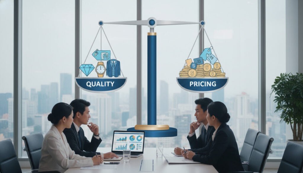 A balanced composition illustrating the concept of "Balancing Quality with Pricing Strategy." In the foreground, a diverse group of three professionals in smart business attire—two men and one woman—are engaged in a discussion around a table, with a laptop displaying graphs and analytics. In the middle ground, a well-organized chart depicts a balance scale, with one side labeled 'Quality' adorned with symbols of high-end products, and the other side labeled 'Pricing' with dollar signs and price tags. The background features a modern office environment with large windows letting in soft, natural light, creating a professional and inviting atmosphere. Use a slightly elevated angle to capture both the professionals and the chart effectively, fostering a mood of collaboration and strategic thinking.