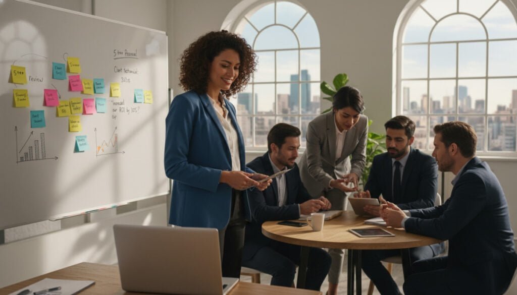 A bustling co-working space showcasing a diverse group of professionals in business attire engaged in collaboration. In the foreground, a confident woman reviews a customer success story on her laptop, while a diverse team members discuss strategies at a nearby table, sharing ideas and feedback. In the middle ground, a large whiteboard filled with colorful sticky notes represents social proof metrics, like testimonials and reviews. The background features large windows with a view of a city skyline under soft natural lighting, creating an inspiring atmosphere. The overall mood is focused yet collaborative, highlighting the importance of integrating social proof and customer success in the SaaS industry. The image should have a warm color palette, with a slight depth of field to draw attention to the foreground.