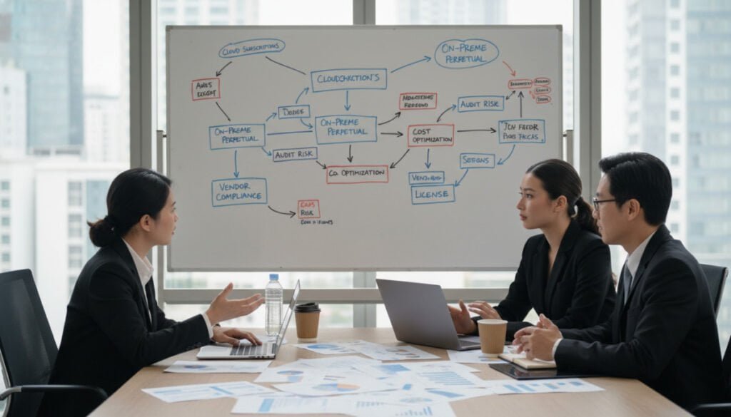 A bustling corporate office setting focused on Software License Management. In the foreground, a diverse group of three professionals in smart business attire are engaged in a dynamic discussion around a large table cluttered with laptops, charts, and license agreements. The middle ground features a whiteboard filled with diagrams illustrating software licensing complexities and optimization strategies. In the background, large windows reveal a modern city skyline under soft, natural daylight, hinting at a vibrant business environment. The atmosphere is intense yet collaborative, with a sense of urgency and focus. The image conveys challenges in navigating software licenses, emphasizing teamwork and strategic thinking in a professional context. A bustling corporate office setting focused on Software License Management. In the foreground, a diverse group of three professionals in smart business attire are engaged in a dynamic discussion around a large table cluttered with laptops, charts, and license agreements. The middle ground features a whiteboard filled with diagrams illustrating software licensing complexities and optimization strategies. In the background, large windows reveal a modern city skyline under soft, natural daylight, hinting at a vibrant business environment. The atmosphere is intense yet collaborative, with a sense of urgency and focus. The image conveys challenges in navigating software licenses, emphasizing teamwork and strategic thinking in a professional context.
