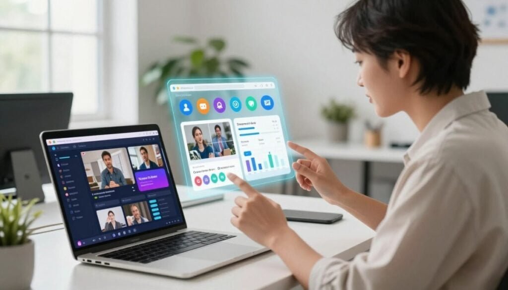 A bustling digital workspace showcasing automated captioning and formatting tools in action. In the foreground, a sleek laptop displays a vibrant, user-friendly interface with AI-driven captions being generated for a video. A professional in smart casual clothing sits focused on the laptop, using gestures to enhance the content. In the middle, a floating holographic interface shows various social media icons, video thumbnails, and analytics dashboards, illustrating the content workflow. The background features a modern, bright office environment with subtle green plants, symbolizing creativity and productivity. Soft, natural light enters through large windows, casting gentle shadows that evoke a positive, inspiring atmosphere suitable for content creators. A bustling digital workspace showcasing automated captioning and formatting tools in action. In the foreground, a sleek laptop displays a vibrant, user-friendly interface with AI-driven captions being generated for a video. A professional in smart casual clothing sits focused on the laptop, using gestures to enhance the content. In the middle, a floating holographic interface shows various social media icons, video thumbnails, and analytics dashboards, illustrating the content workflow. The background features a modern, bright office environment with subtle green plants, symbolizing creativity and productivity. Soft, natural light enters through large windows, casting gentle shadows that evoke a positive, inspiring atmosphere suitable for content creators.