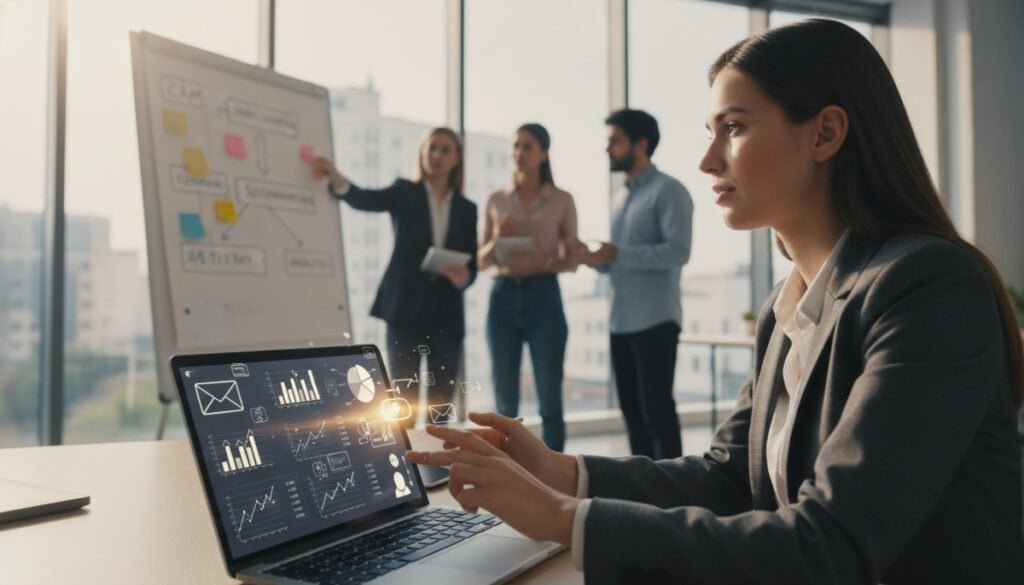 A bustling modern office environment showcasing a diverse group of professionals engaged in email marketing strategies. In the foreground, a confident woman in business attire analyzes email campaign data on a laptop, surrounded by digital tools like charts and graphics. In the middle, a collaborative team brainstorms over a whiteboard filled with colorful notes and diagrams visualizing seamless integration of various marketing tools like CRM and automation software. The background features large windows with soft, natural light streaming in, creating an inviting atmosphere. The overall mood is energetic and focused, highlighting innovation and teamwork in email marketing best practices. The image composition should have a dynamic perspective, mimicking a close-up shot with a shallow depth of field to keep the focus on the professionals and their discussion.