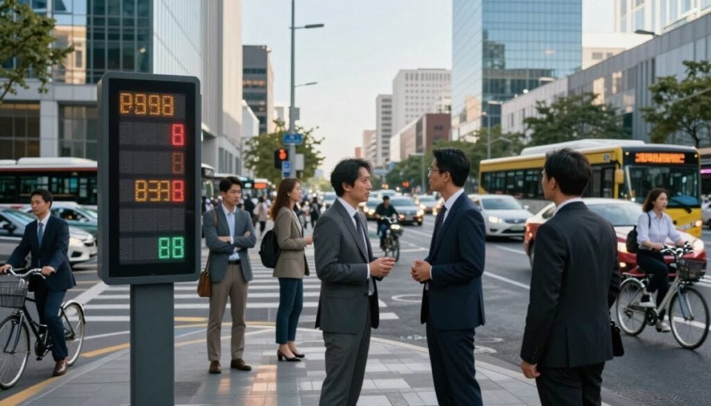 A busy urban intersection during daylight, showcasing a diverse group of professionals, including a man in a business suit and a woman in smart casual attire, intently analyzing traffic patterns. The foreground features a modern digital traffic display board reflecting fluctuating traffic volume metrics. In the middle ground, vehicles of various types—cars, buses, and bicycles—are moving steadily, with some drivers occasionally glancing at the traffic board. Buildings lined with glass facade provide a contemporary urban backdrop, while clear blue skies and soft sunlight cast inviting reflections on the pavement. The composition captures a sense of urgency and professionalism, with a balanced focus on the assessment of real-time data and its impact on urban mobility. A busy urban intersection during daylight, showcasing a diverse group of professionals, including a man in a business suit and a woman in smart casual attire, intently analyzing traffic patterns. The foreground features a modern digital traffic display board reflecting fluctuating traffic volume metrics. In the middle ground, vehicles of various types—cars, buses, and bicycles—are moving steadily, with some drivers occasionally glancing at the traffic board. Buildings lined with glass facade provide a contemporary urban backdrop, while clear blue skies and soft sunlight cast inviting reflections on the pavement. The composition captures a sense of urgency and professionalism, with a balanced focus on the assessment of real-time data and its impact on urban mobility.