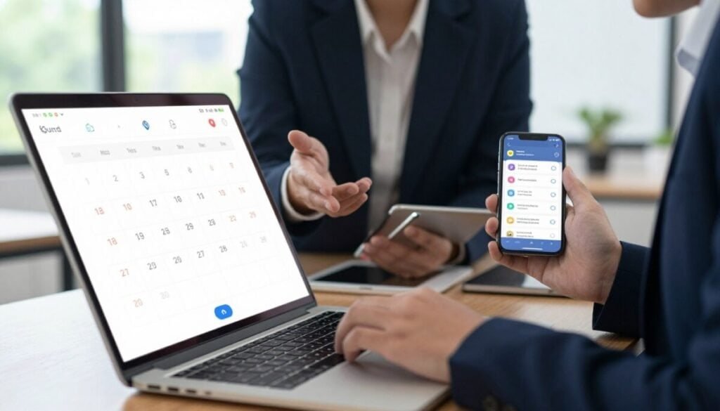 A close-up view of a digital calendar interface seamlessly integrating into various devices, such as a laptop, tablet, and smartphone. The foreground features a sleek, modern calendar app displaying colorful event reminders, with icons for appointments and alerts. In the middle, a pair of professional business people, in business attire, are discussing and gesturing towards the calendar interface, illustrating collaboration. The background shows a softly blurred office environment with natural light streaming through large windows, creating an inviting and productive atmosphere. The overall mood is one of efficiency and organization, highlighting the ease of syncing appointments across devices with a sense of professionalism and clarity. A close-up view of a digital calendar interface seamlessly integrating into various devices, such as a laptop, tablet, and smartphone. The foreground features a sleek, modern calendar app displaying colorful event reminders, with icons for appointments and alerts. In the middle, a pair of professional business people, in business attire, are discussing and gesturing towards the calendar interface, illustrating collaboration. The background shows a softly blurred office environment with natural light streaming through large windows, creating an inviting and productive atmosphere. The overall mood is one of efficiency and organization, highlighting the ease of syncing appointments across devices with a sense of professionalism and clarity.