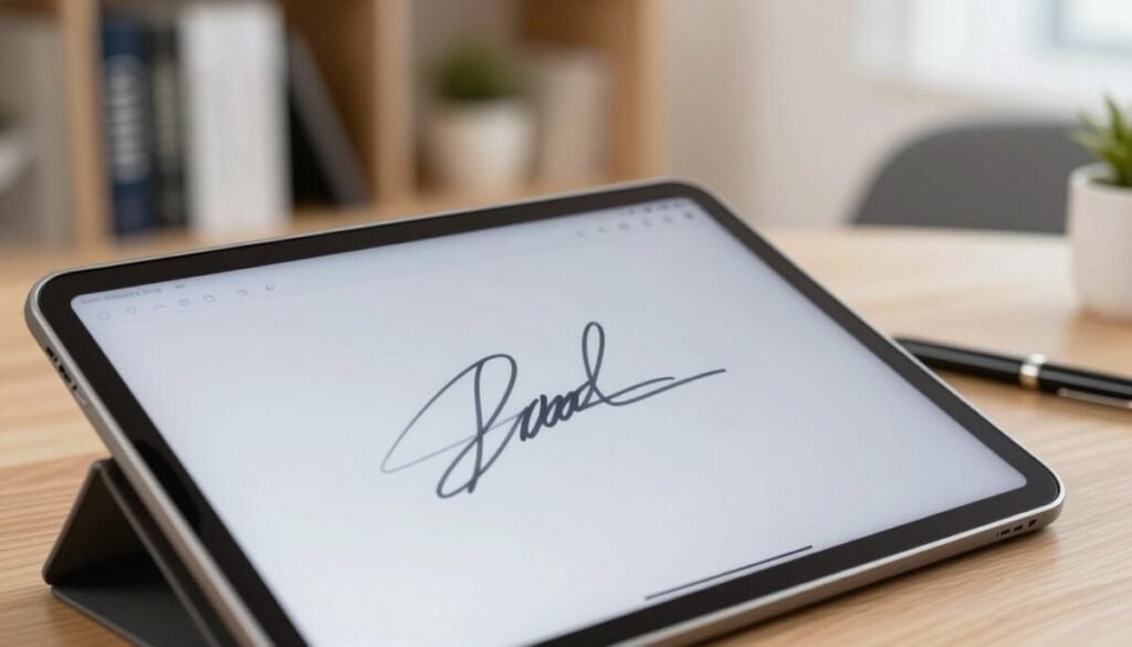 A close-up view of a digital signature captured on a sleek tablet screen, set against a stylish office desk environment. The background features a blurred bookshelf filled with business books, providing a professional context. Subtle reflections on the tablet screen indicate the signature being drawn, showcasing a combination of flowing lines and elegant curves. The soft, natural lighting creates a warm and inviting atmosphere, highlighting the smooth surface of the tablet and the organized workspace. A pen lays beside the tablet, hinting at the act of signing, while a modern chair and minimalistic decor enhance the sense of a flexible, contemporary workflow. The angle is slightly tilted to create a dynamic composition, evoking creativity and professionalism. A close-up view of a digital signature captured on a sleek tablet screen, set against a stylish office desk environment. The background features a blurred bookshelf filled with business books, providing a professional context. Subtle reflections on the tablet screen indicate the signature being drawn, showcasing a combination of flowing lines and elegant curves. The soft, natural lighting creates a warm and inviting atmosphere, highlighting the smooth surface of the tablet and the organized workspace. A pen lays beside the tablet, hinting at the act of signing, while a modern chair and minimalistic decor enhance the sense of a flexible, contemporary workflow. The angle is slightly tilted to create a dynamic composition, evoking creativity and professionalism.