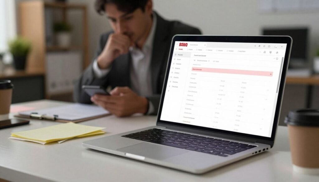 A close-up view of a website analytics dashboard on a modern laptop placed on a clean desk, surrounded by a few cluttered notes and a coffee cup. In the foreground, the screen displays thin, incomplete website content highlighted in red, indicating pages with low quality. The middle ground features a focused professional, dressed in business attire, intently analyzing the data, with a thoughtful expression. Soft, ambient lighting creates a warm atmosphere, while the background shows a blurred office environment with shelves and plants, enhancing the feeling of productivity. The overall mood is serious yet constructive, emphasizing the importance of identifying content issues for effective SEO strategies. A close-up view of a website analytics dashboard on a modern laptop placed on a clean desk, surrounded by a few cluttered notes and a coffee cup. In the foreground, the screen displays thin, incomplete website content highlighted in red, indicating pages with low quality. The middle ground features a focused professional, dressed in business attire, intently analyzing the data, with a thoughtful expression. Soft, ambient lighting creates a warm atmosphere, while the background shows a blurred office environment with shelves and plants, enhancing the feeling of productivity. The overall mood is serious yet constructive, emphasizing the importance of identifying content issues for effective SEO strategies.