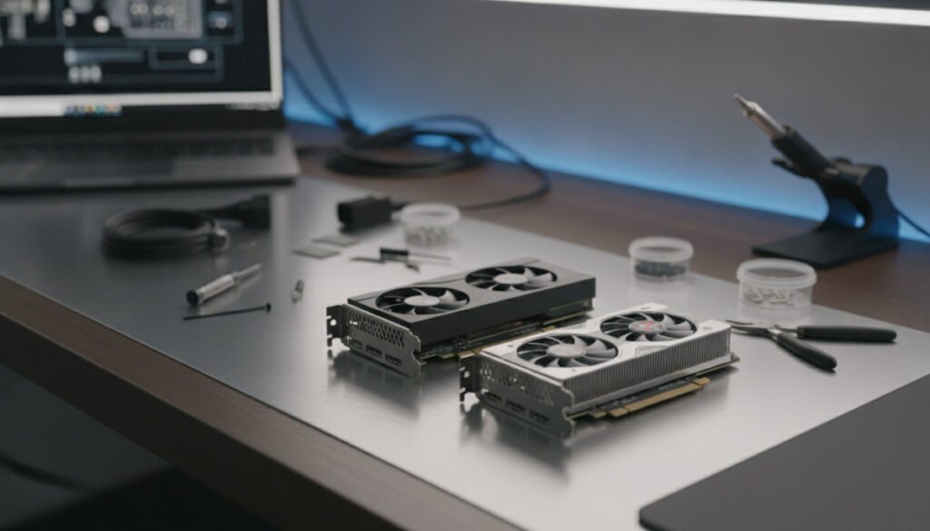 A close-up view of low profile graphics cards designed for compact PC cases, arranged artistically on a sleek, modern workbench. The foreground features two distinct GPUs, showcasing their slim designs and intricate cooling systems, with detailed textures and metallic finishes glistening under soft, diffused overhead lighting. In the middle ground, tools and components like screws and cables add to the technical atmosphere, emphasizing a DIY vibe. The background remains slightly blurred, hinting at a stylish workspace with an open laptop and ambient LED lighting, creating a tech-savvy feel. The mood is professional and innovative, ideal for a compact PC enthusiast environment, emphasizing functionality and aesthetic appeal in compact gaming setups.