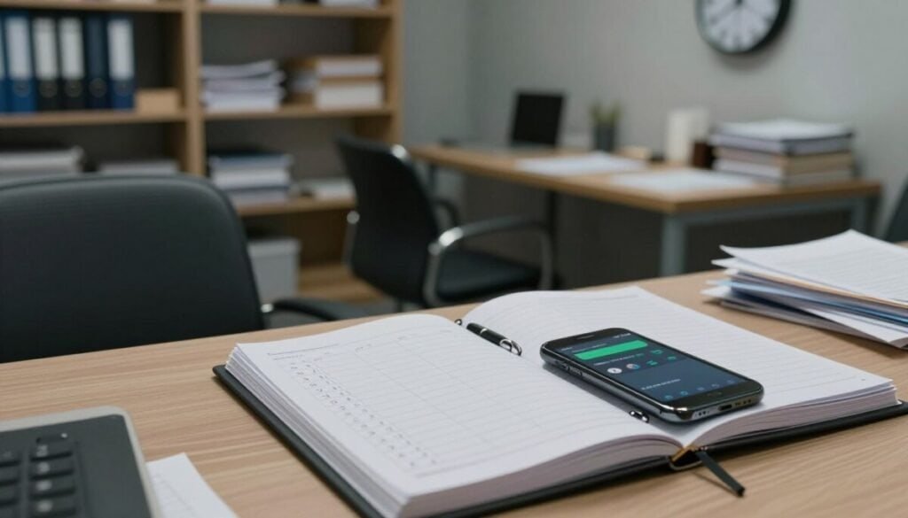 A cluttered office desk in the foreground, featuring a half-opened planner with crossed-out dates and a smartphone displaying missed call notifications. In the middle, an unoccupied waiting area with empty chairs and a clock showing time passing. Shelves in the background filled with dusty files and paperwork hint at neglected appointments. Soft, diffused office lighting casts gentle shadows, creating a somber atmosphere. The camera angle is slightly tilted to evoke a sense of disarray and urgency, emphasizing the financial and emotional costs of forgotten or missed appointments. The mood reflects concern and frustration while maintaining a professional tone, devoid of any human subjects. A cluttered office desk in the foreground, featuring a half-opened planner with crossed-out dates and a smartphone displaying missed call notifications. In the middle, an unoccupied waiting area with empty chairs and a clock showing time passing. Shelves in the background filled with dusty files and paperwork hint at neglected appointments. Soft, diffused office lighting casts gentle shadows, creating a somber atmosphere. The camera angle is slightly tilted to evoke a sense of disarray and urgency, emphasizing the financial and emotional costs of forgotten or missed appointments. The mood reflects concern and frustration while maintaining a professional tone, devoid of any human subjects.