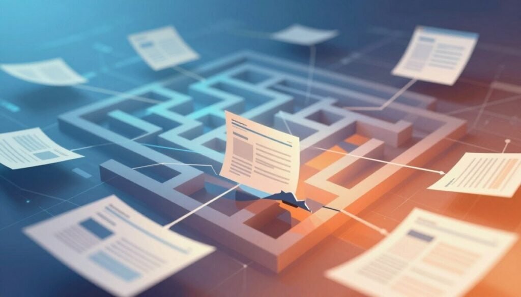 A detailed digital illustration depicting a vibrant, abstract representation of orphaned pages in the context of a website’s internal linking structure. In the foreground, show fragmented web pages with broken links, illustrated as floating documents, some scattered and some connected by faint lines symbolizing potential links. In the middle ground, depict a stylized representation of a complex maze-like network, with some paths highlighted to demonstrate active links while others are dark and disconnected. The background features a blurred ethereal landscape of a digital grid, suggesting the vastness of the internet. Use soft, contrasting colors with cool blues and warm oranges to create an atmosphere of urgency and importance, illuminated by a soft diffused light to add depth. The perspective should be slightly angled to provide a dynamic view, evoking a sense of exploration and discovery.