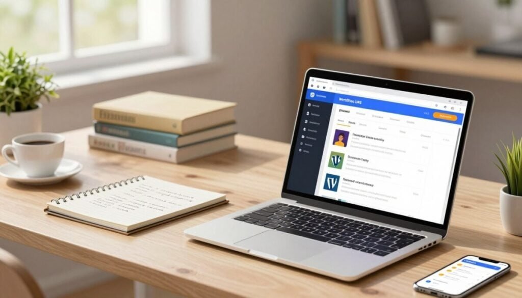 A detailed illustration of a modern workspace showcasing WordPress LMS plugins. In the foreground, a sleek laptop with a colorful dashboard open, displaying course creation tools and analytics. Beside it, a notepad with handwritten notes and a smartphone with notifications visible. The middle layer features a stylish desk with educational books stacked, a coffee cup, and a potted plant. In the background, a softly lit room with a large window, allowing natural light to filter in, creating a warm and inviting atmosphere. The overall mood should be professional yet creative, evoking inspiration and productivity. The image is crisp, well-defined, shot at a slightly elevated angle to capture all elements harmoniously without any text or watermarks. A detailed illustration of a modern workspace showcasing WordPress LMS plugins. In the foreground, a sleek laptop with a colorful dashboard open, displaying course creation tools and analytics. Beside it, a notepad with handwritten notes and a smartphone with notifications visible. The middle layer features a stylish desk with educational books stacked, a coffee cup, and a potted plant. In the background, a softly lit room with a large window, allowing natural light to filter in, creating a warm and inviting atmosphere. The overall mood should be professional yet creative, evoking inspiration and productivity. The image is crisp, well-defined, shot at a slightly elevated angle to capture all elements harmoniously without any text or watermarks.