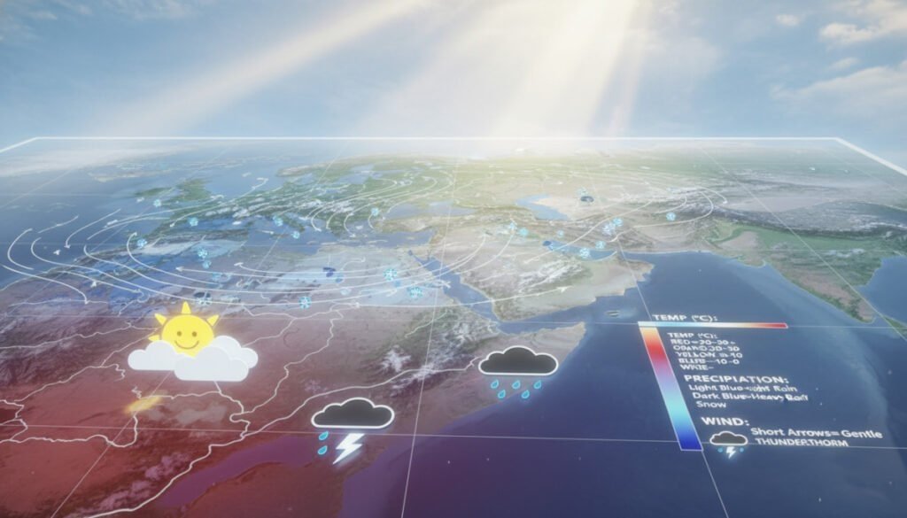 A detailed map visualizing diverse weather conditions across a region, showcasing various elements such as rainfall, temperature gradients, and wind patterns. In the foreground, incorporate vibrant icons representing different weather phenomena like clouds, sun, and rain, artistically blended into the map's surface. The middle ground should display a color-coded legend explaining the weather symbols, while satellite imagery overlays provide a realistic texture to the landscape. In the background, include soft gradients of blue sky to evoke a tranquil atmosphere, with sunlight piercing through, enhancing the overall brightness. The image captures a sense of precision and reliability typical of advanced weather forecasting technologies, while subtly integrating a professional, informative aesthetic.