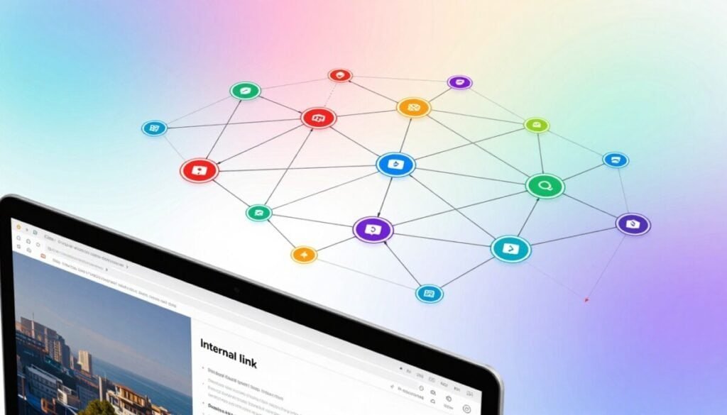 A detailed visualization of an internal link graph for digital content, featuring an abstract network of interconnected nodes represented as colorful circles, each labeled with vibrant icons symbolizing various website sections and topics. In the foreground, a sleek computer interface is displayed, highlighting a digital tool for analyzing and visualizing links. The middle ground showcases a grid-like pattern of links weaving through the nodes, with arrows that represent the direction and strength of connections. The background is a gradient blend of soft tech-themed colors, emanating a sense of innovation and organization. The lighting is bright and modern, with a focus on clarity and precision, creating an atmosphere of professionalism and efficiency, captured from a slight top-down angle to emphasize the complexity of the link structure.