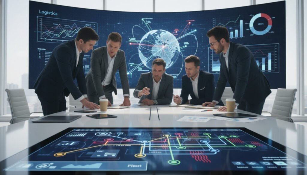 A detailed visualization of complex routing challenges in logistics. In the foreground, illustrate a high-tech digital interface displaying a dynamic map with multiple routes, markers, and overlays representing traffic conditions and delivery points. In the middle ground, depict a diverse team of professionals, dressed in smart business attire, engaged in a brainstorming session around a modern conference table, analyzing the logistics interface with expressions of focus and determination. In the background, include a large screen showcasing a 3D logistics network and animated route optimization graphics. The lighting should be bright and airy, creating a productive atmosphere, captured with a slightly elevated angle to provide depth and context to the bustling workspace, conveying a sense of innovation and collaboration. A detailed visualization of complex routing challenges in logistics. In the foreground, illustrate a high-tech digital interface displaying a dynamic map with multiple routes, markers, and overlays representing traffic conditions and delivery points. In the middle ground, depict a diverse team of professionals, dressed in smart business attire, engaged in a brainstorming session around a modern conference table, analyzing the logistics interface with expressions of focus and determination. In the background, include a large screen showcasing a 3D logistics network and animated route optimization graphics. The lighting should be bright and airy, creating a productive atmosphere, captured with a slightly elevated angle to provide depth and context to the bustling workspace, conveying a sense of innovation and collaboration.