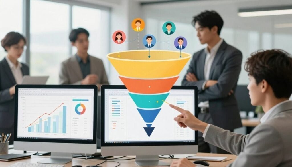 A detailed, visually striking representation of funnel analysis, centered around a stylized funnel diagram showcasing user pathways. In the foreground, a modern computer screen displays animated graphs and metrics illustrating user conversion rates and drop-off points, with vibrant colors for easy differentiation. The middle layer features overlays of diverse, professional individuals in business attire engaged in discussion, analyzing data and pointing at the funnel, conveying teamwork. The background includes a softly blurred office space with large windows allowing natural light, creating an inviting and innovative atmosphere. Utilize a high-resolution lens effect to add clarity and depth, while maintaining a calm mood with a balanced color palette emphasizing productivity and analysis, avoiding any distractions. A detailed, visually striking representation of funnel analysis, centered around a stylized funnel diagram showcasing user pathways. In the foreground, a modern computer screen displays animated graphs and metrics illustrating user conversion rates and drop-off points, with vibrant colors for easy differentiation. The middle layer features overlays of diverse, professional individuals in business attire engaged in discussion, analyzing data and pointing at the funnel, conveying teamwork. The background includes a softly blurred office space with large windows allowing natural light, creating an inviting and innovative atmosphere. Utilize a high-resolution lens effect to add clarity and depth, while maintaining a calm mood with a balanced color palette emphasizing productivity and analysis, avoiding any distractions.