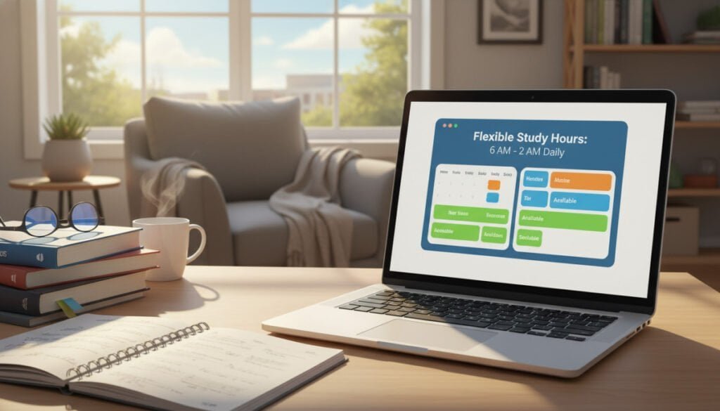 A digital illustration depicting the concept of SaaS opening hours tailored for student convenience. In the foreground, a sleek, modern laptop sits on a wooden desk, its screen displaying a colorful calendar highlighting flexible hours. Surrounding the laptop are study materials like notebooks and textbooks, suggesting a student environment. The middle ground showcases a cozy study space with a comfortable chair and a small potted plant, capturing a sense of warmth and approachability. In the background, a softly lit window reveals a sunny day, contributing to a relaxed atmosphere. The scene is well-lit, with gentle, natural light streaming in, creating a motivational mood that encourages productivity and learning. The overall composition should evoke a sense of accessibility and support for students. A digital illustration depicting the concept of SaaS opening hours tailored for student convenience. In the foreground, a sleek, modern laptop sits on a wooden desk, its screen displaying a colorful calendar highlighting flexible hours. Surrounding the laptop are study materials like notebooks and textbooks, suggesting a student environment. The middle ground showcases a cozy study space with a comfortable chair and a small potted plant, capturing a sense of warmth and approachability. In the background, a softly lit window reveals a sunny day, contributing to a relaxed atmosphere. The scene is well-lit, with gentle, natural light streaming in, creating a motivational mood that encourages productivity and learning. The overall composition should evoke a sense of accessibility and support for students.