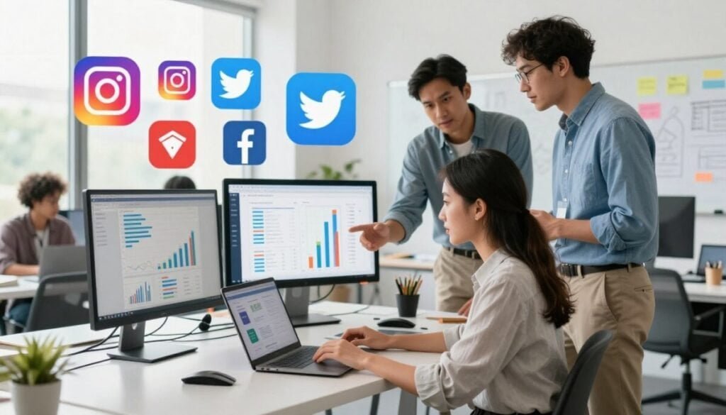 A digital workspace scene depicting a diverse group of professional creators collaborating on optimizing podcast content for various social media platforms. In the foreground, a focused young woman in smart casual attire is analyzing analytics on her laptop, while a man in business attire discusses strategies with her, gesturing towards a digital chart displayed on a nearby monitor. The middle ground features an assortment of visual elements, such as colorful icons representing different social media platforms (e.g., Instagram, Twitter, Facebook), along with notes and sketches on a large whiteboard. The background illustrates a bright, modern office with large windows allowing natural light to flood the space, creating an energetic yet professional atmosphere. The overall mood is collaborative, innovative, and engaging, emphasizing teamwork in content optimization.