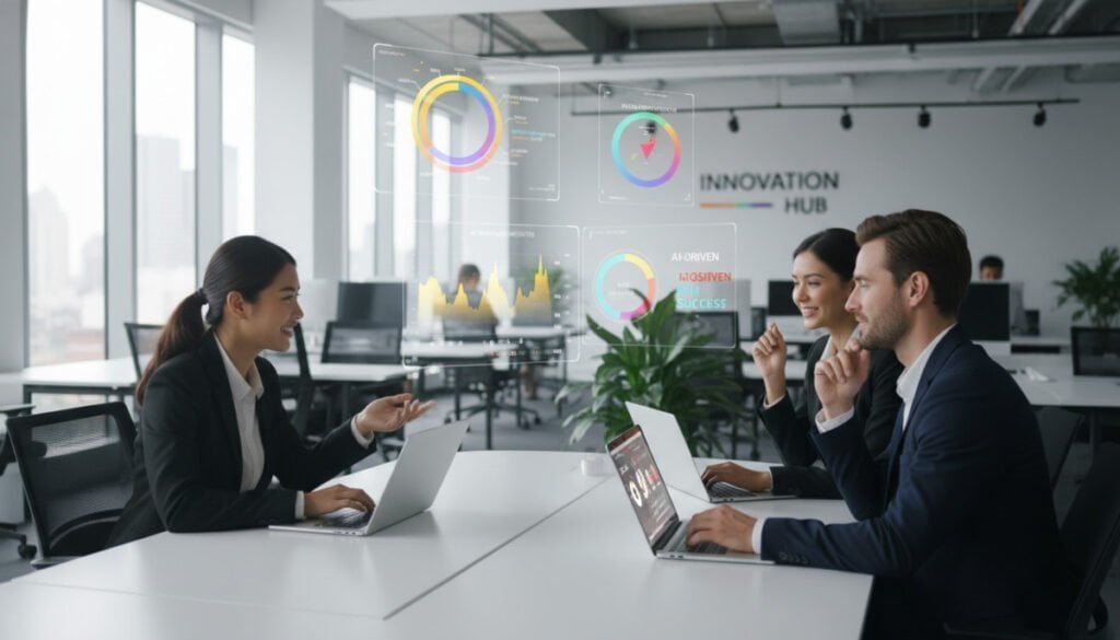 A digital workspace scene showcasing AI-driven sentiment analysis tools. In the foreground, a diverse group of professionals—two women and one man—analyze data on sleek laptops, all dressed in smart business attire. They are engaged in a discussion, with bright expressions reflecting optimism and collaboration. In the middle ground, holographic displays project graph visualizations and sentiment data, with colors transitioning from warm yellows to cool blues, symbolizing varying emotions. The background features a modern office space with large windows, letting in soft, natural lighting. The atmosphere is one of innovation and teamwork, underlined by a sense of focus and determination, perfect for small business strategy discussions. A digital workspace scene showcasing AI-driven sentiment analysis tools. In the foreground, a diverse group of professionals—two women and one man—analyze data on sleek laptops, all dressed in smart business attire. They are engaged in a discussion, with bright expressions reflecting optimism and collaboration. In the middle ground, holographic displays project graph visualizations and sentiment data, with colors transitioning from warm yellows to cool blues, symbolizing varying emotions. The background features a modern office space with large windows, letting in soft, natural lighting. The atmosphere is one of innovation and teamwork, underlined by a sense of focus and determination, perfect for small business strategy discussions.