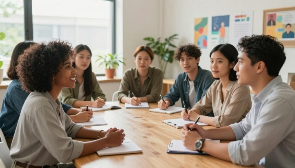 A diverse group of individuals in a bright, open community space, engaging in a collaborative discussion around a table. In the foreground, two professionals—one Black woman and one Hispanic man—are exchanging ideas enthusiastically, both in smart casual attire. The middle ground features other team members of different ethnicities, actively listening and taking notes, all showing expressions of trust and understanding. Plants and sunlight streaming through large windows accentuate the atmosphere of warmth and openness. In the background, a wall displays collaborative artwork, symbolizing unity and community spirit. The lighting is natural and inviting, using a soft focus lens to emphasize the positive energy of the gathering, creating a sense of hope and engagement. A diverse group of individuals in a bright, open community space, engaging in a collaborative discussion around a table. In the foreground, two professionals—one Black woman and one Hispanic man—are exchanging ideas enthusiastically, both in smart casual attire. The middle ground features other team members of different ethnicities, actively listening and taking notes, all showing expressions of trust and understanding. Plants and sunlight streaming through large windows accentuate the atmosphere of warmth and openness. In the background, a wall displays collaborative artwork, symbolizing unity and community spirit. The lighting is natural and inviting, using a soft focus lens to emphasize the positive energy of the gathering, creating a sense of hope and engagement.
