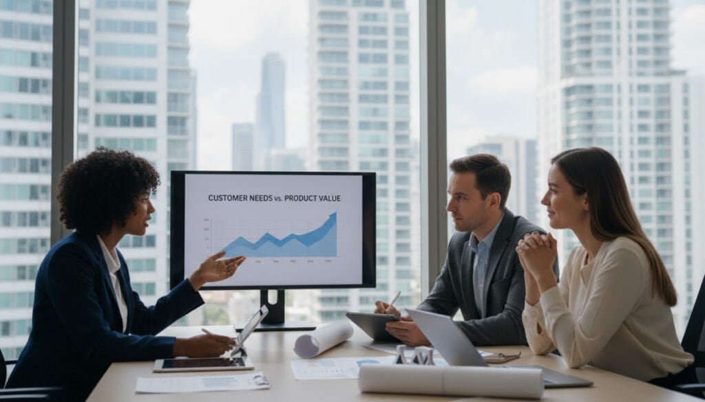 A diverse group of three professionals, two women and one man, engaged in a collaborative discussion around a large table cluttered with digital devices, charts, and product mockups. The woman on the left, dressed in smart business attire, points to a graph that illustrates customer needs versus product value, while the man, wearing a neat blazer, listens intently, taking notes on a tablet. In the background, a large window reveals a modern city skyline, bathed in soft, natural daylight that creates a bright and inviting atmosphere. The focus is on the dynamic interaction and thoughtful expressions, emphasizing teamwork and the pursuit of understanding customer requirements. The camera angle captures both the table and their engaged faces, creating a sense of depth and immersion in this strategic evaluation process.