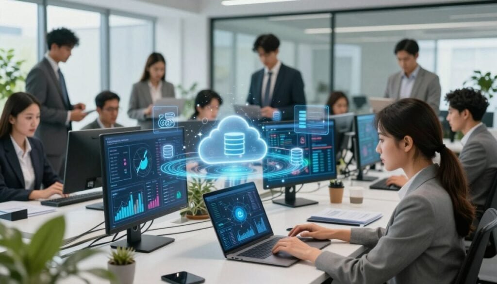 A dynamic and modern office environment filled with a diverse group of professionals in business attire, actively engaging with various screens and digital interfaces. In the foreground, a focused woman is seamlessly integrating multiple data streams on her laptop, visualizing interconnected graphs and flowing data lines. The middle layer showcases digital representations of cloud storage and database symbols merging together, surrounded by floating holographic elements that depict real-time data transfer. The background features a bright, airy workspace with glass walls and greenery for a fresh atmosphere, illuminated by natural light streaming through large windows. The overall mood is collaborative and innovative, emphasizing clarity and efficiency in data integration processes. A dynamic and modern office environment filled with a diverse group of professionals in business attire, actively engaging with various screens and digital interfaces. In the foreground, a focused woman is seamlessly integrating multiple data streams on her laptop, visualizing interconnected graphs and flowing data lines. The middle layer showcases digital representations of cloud storage and database symbols merging together, surrounded by floating holographic elements that depict real-time data transfer. The background features a bright, airy workspace with glass walls and greenery for a fresh atmosphere, illuminated by natural light streaming through large windows. The overall mood is collaborative and innovative, emphasizing clarity and efficiency in data integration processes.