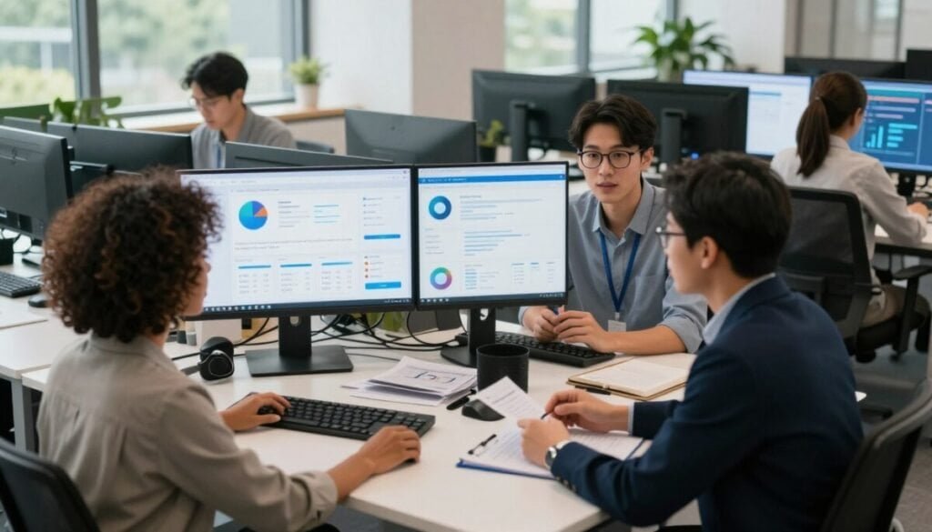 A dynamic and professional workspace showcasing enterprise community management tools. In the foreground, a diverse group of three professionals (a woman with curly hair, a man with glasses, and a woman with straight hair) engaged in a collaborative discussion, each wearing smart business attire. The middle ground features large digital screens displaying data visualizations and community metrics, surrounded by high-tech workstations. The background depicts a modern office environment with large windows allowing natural light to flood in, highlighting greenery outside. The mood is one of innovation and teamwork, with soft lighting creating a warm, inviting atmosphere. The camera angle is a slightly elevated perspective, emphasizing both the interaction and the high-tech tools in use.