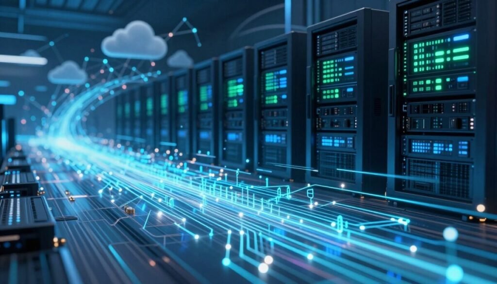 A dynamic digital landscape illustrating high-speed data processing. In the foreground, a glowing, translucent circuit board with luminous nodes, representing data points, rapidly transferring streams of bright binary code. The middle ground features sleek, modern servers with LED displays, subtly reflecting blue and green light that suggests advanced technology. In the background, abstract representations of cloud computing and network connections, intertwined with shards of data flowing seamlessly. The lighting is cool and futuristic, with a focus on illuminating the data streams, creating a sense of speed and efficiency. Angle the perspective slightly upward to emphasize the height of the servers, evoking a feeling of vast technological prowess and innovation. The overall mood is energetic and cutting-edge, embodying the essence of rapid data processing in an e-commerce context. A dynamic digital landscape illustrating high-speed data processing. In the foreground, a glowing, translucent circuit board with luminous nodes, representing data points, rapidly transferring streams of bright binary code. The middle ground features sleek, modern servers with LED displays, subtly reflecting blue and green light that suggests advanced technology. In the background, abstract representations of cloud computing and network connections, intertwined with shards of data flowing seamlessly. The lighting is cool and futuristic, with a focus on illuminating the data streams, creating a sense of speed and efficiency. Angle the perspective slightly upward to emphasize the height of the servers, evoking a feeling of vast technological prowess and innovation. The overall mood is energetic and cutting-edge, embodying the essence of rapid data processing in an e-commerce context.